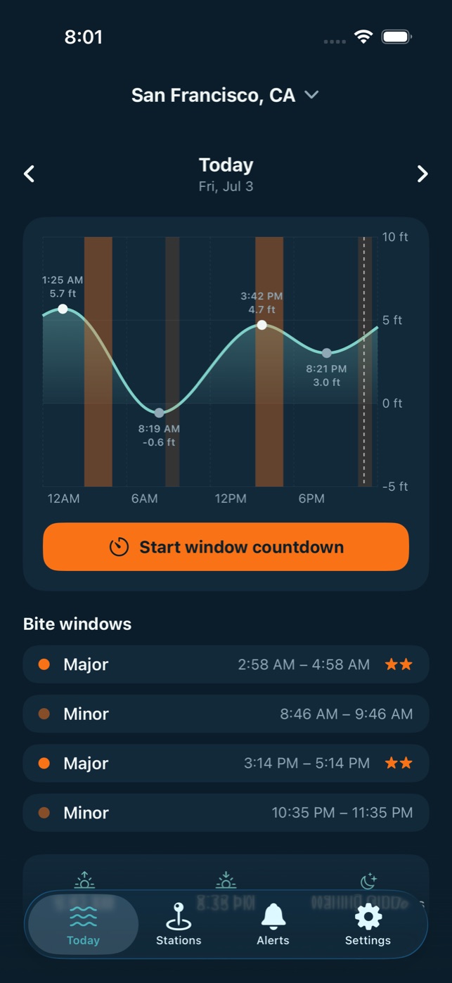 Today view — tide curve with solunar bite windows
